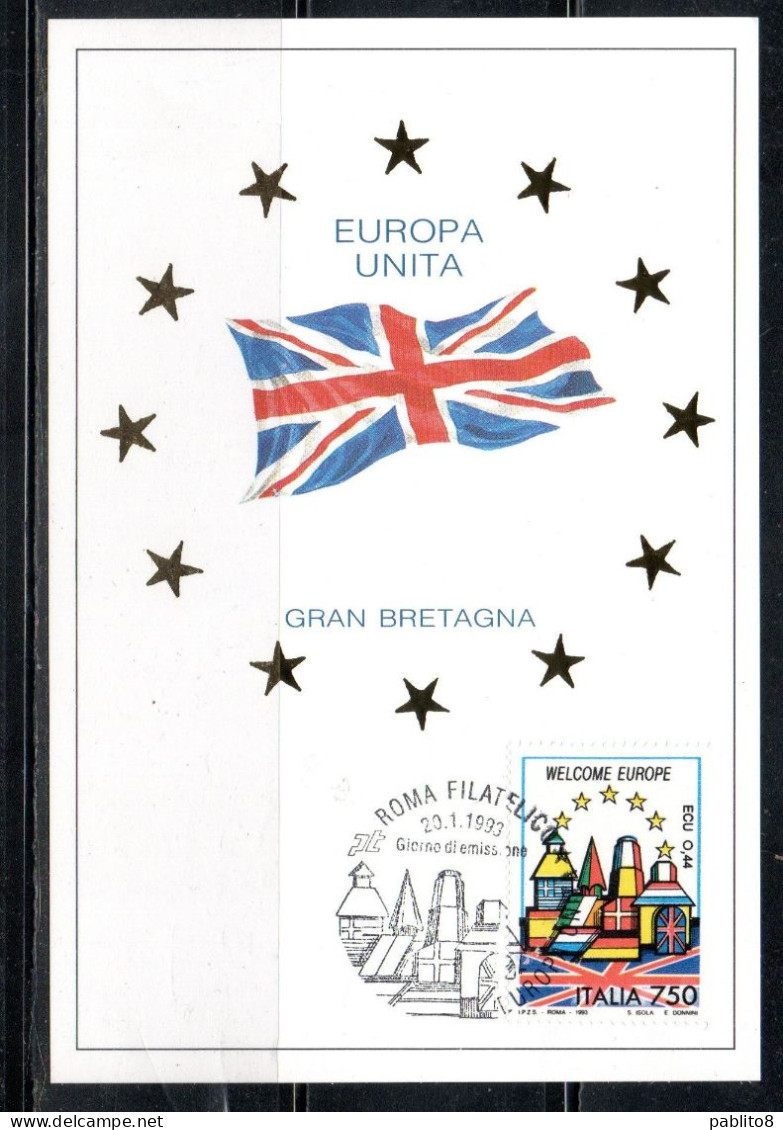 ITALIA REPUBBLICA ITALY REPUBLIC1993BENVENUTA EUROPA UNITA GRAN BRETAGNA LIRE 750 CEPT MAXI MAXIMUM CARD CARTOLINA CARTE - Maximumkarten (MC)