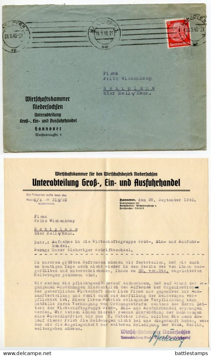 Germany 1940 Cover & Letter; Hannover - Wirtschaftskammer Niedersachsen To Schiplage; 12pf. Hindenburg - Lettres & Documents