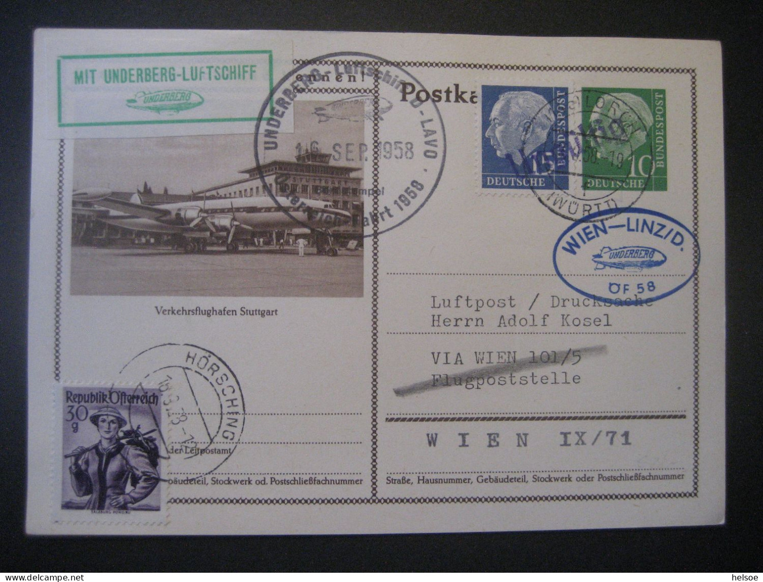 Deutschland- Ganzsache Bildpostkarte, Befördert Mit Ungültigen Marken Und Luftschiff Underberg Von Wien Nach Linz - Cartoline Illustrate - Usati