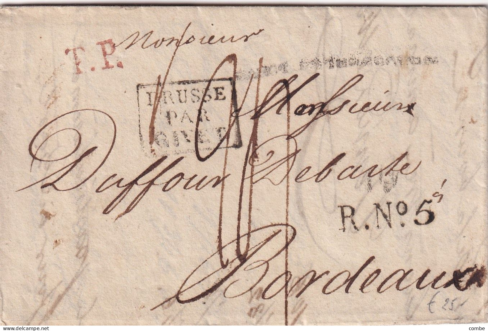 LETTRE. ST PETERSBOURG. 4 OCT 1819. PP. PRUSSE PAR GIVET. R.N°5. TAXE 24. POUR BORDEAUX - 1801-1848: Précurseurs XIX