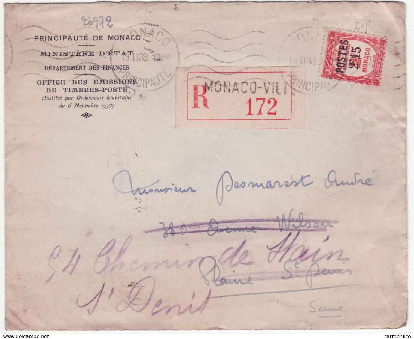 Monaco 2f15 Surcharge Lettre 1938 Pour St Denis Seine - Storia Postale