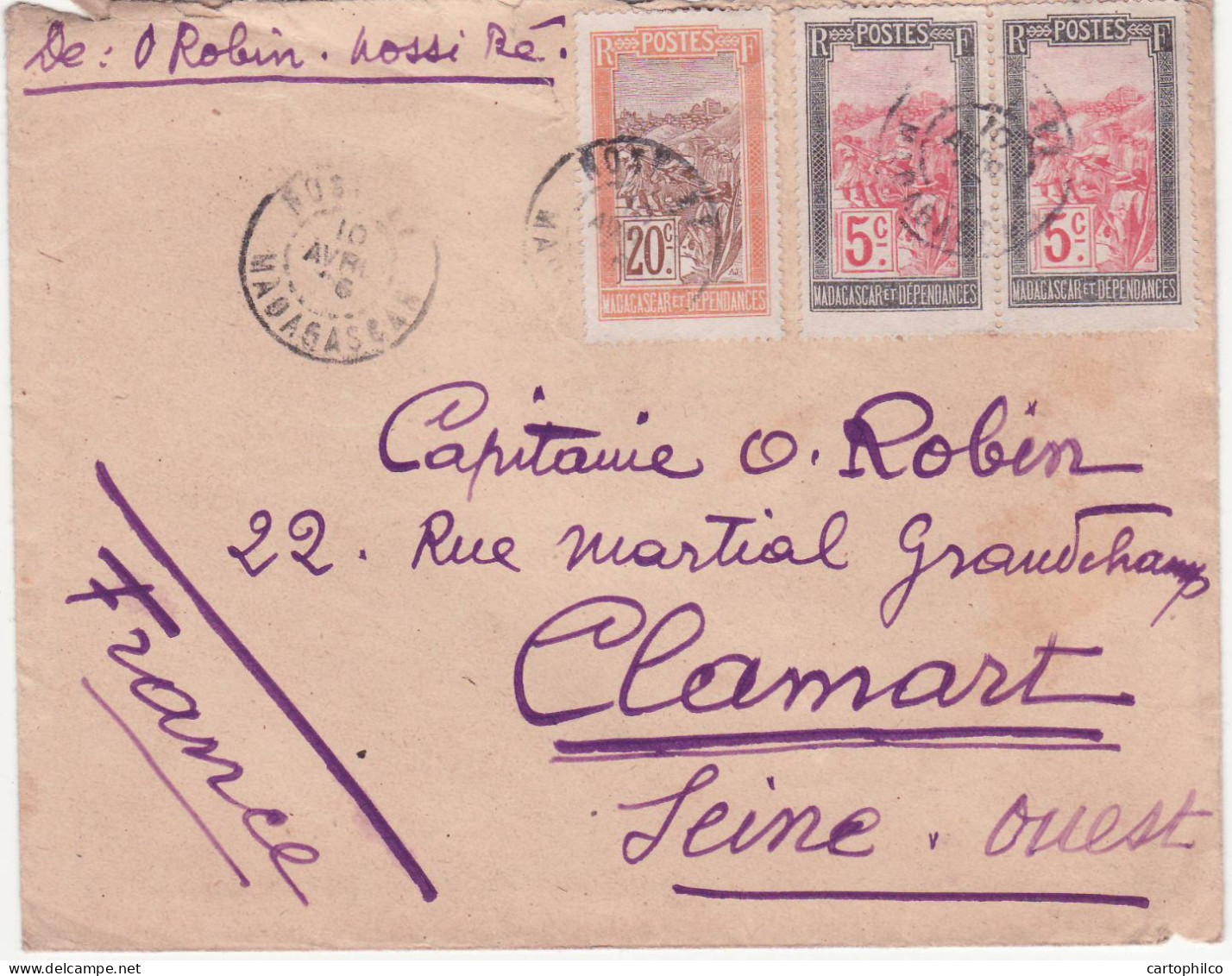 Madgaascar Lettre 1926 Nossi Be Pour Robin Clamart - Briefe U. Dokumente