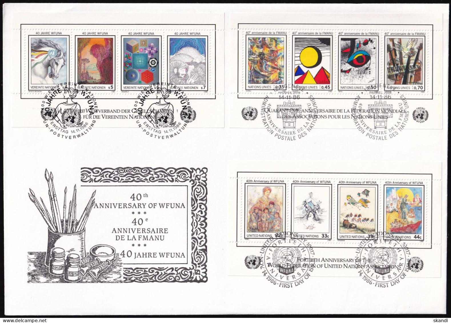 UNO NEW YORK - WIEN - GENF 1986 TRIO-FDC 40 Jahre WFUNA - New York/Geneva/Vienna Joint Issues