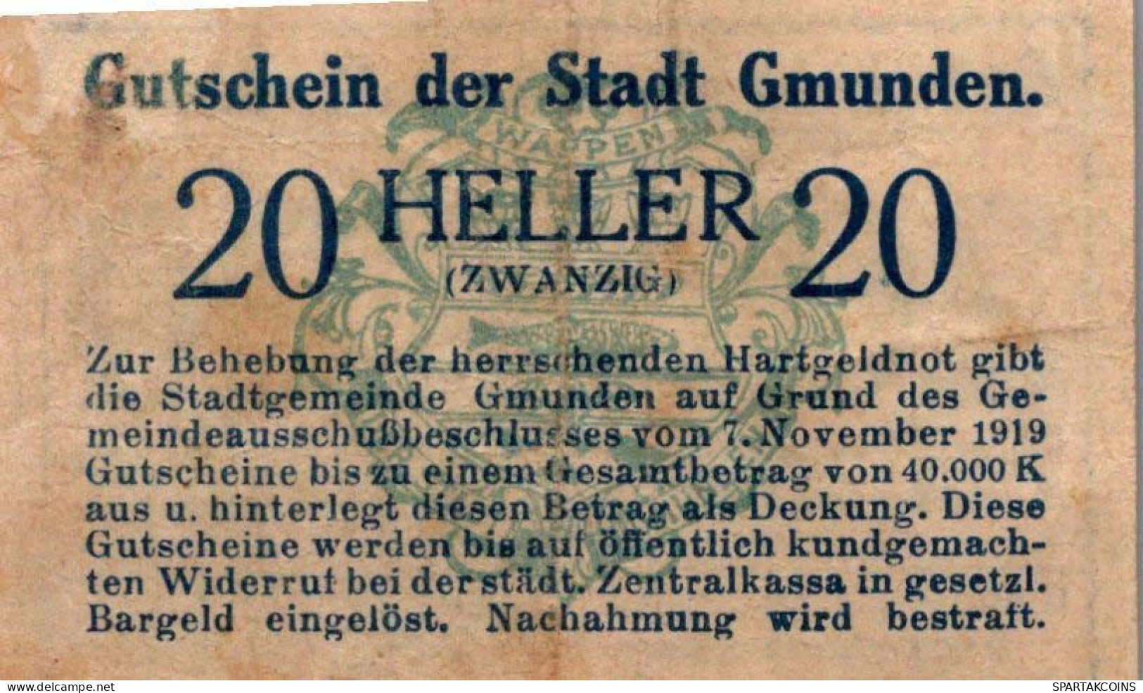 20 HELLER 1920 Stadt GMUNDEN Oberösterreich Österreich Notgeld Banknote #PF041 - Lokale Ausgaben