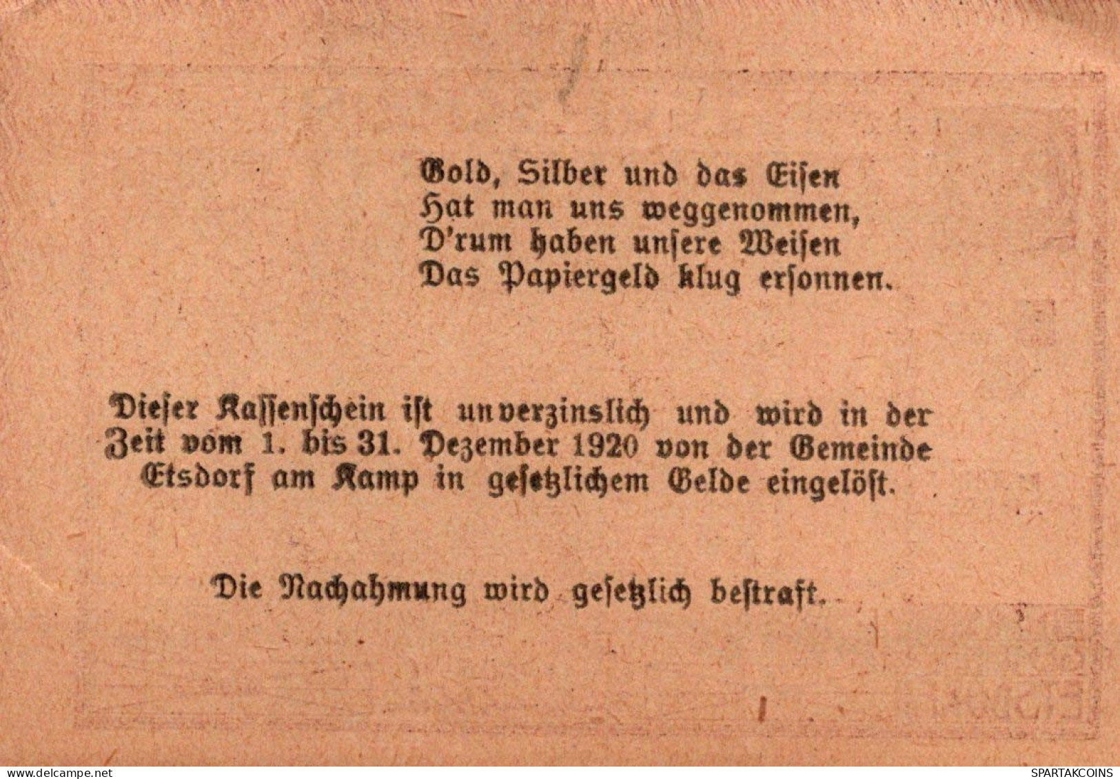 20 HELLER 1920 Stadt ETSDORF Niedrigeren Österreich Notgeld Banknote #PE960 - Lokale Ausgaben