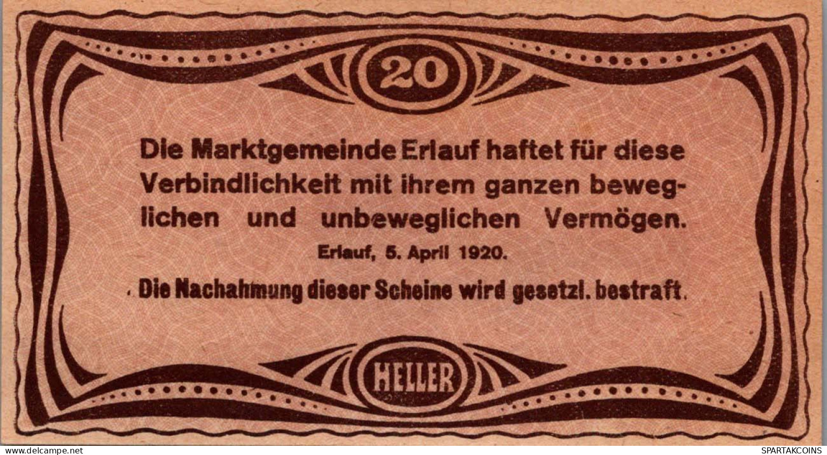 20 HELLER 1920 Stadt ERLAUF IM NIBELUNGENGAU Niedrigeren Österreich Notgeld Papiergeld Banknote #PG540 - Lokale Ausgaben