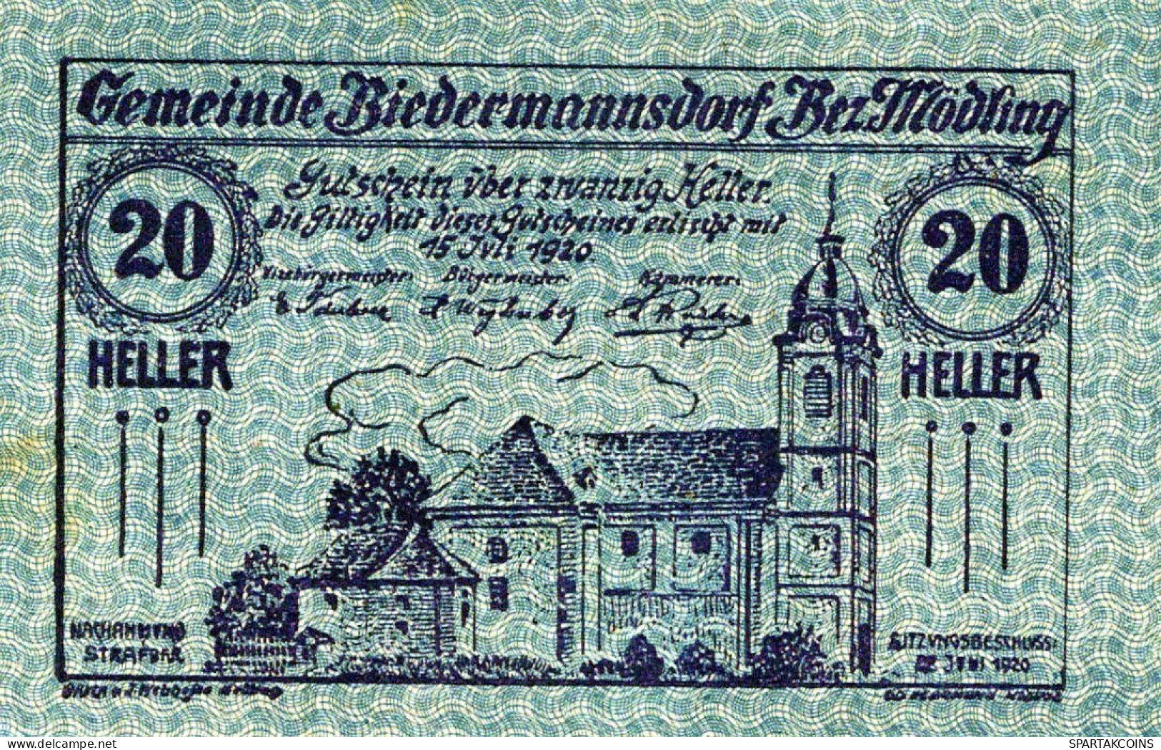 20 HELLER 1920 Stadt BIEDERMANNSDORF Niedrigeren Österreich Notgeld #PE973 - [11] Emisiones Locales