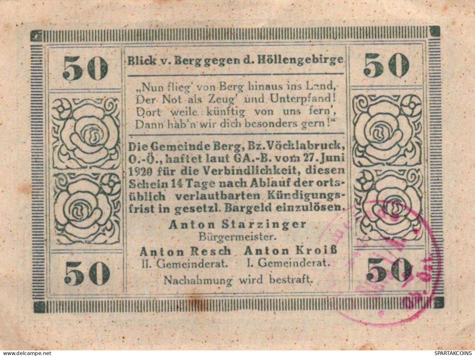 20 HELLER 1920 Stadt BERG IM ATTERGAU Oberösterreich Österreich Notgeld #PD752 - [11] Emisiones Locales