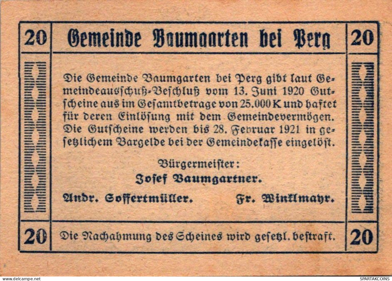 20 HELLER 1920 Stadt BAUMGARTEN Oberösterreich Österreich Notgeld #PE981 - [11] Emisiones Locales