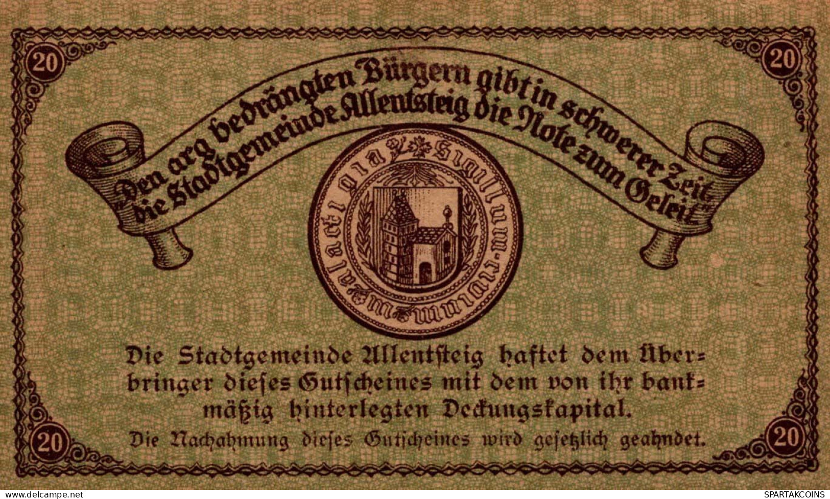 20 HELLER 1921 Stadt ALLENTSTEIG Niedrigeren Österreich Notgeld #PE136 - [11] Emisiones Locales