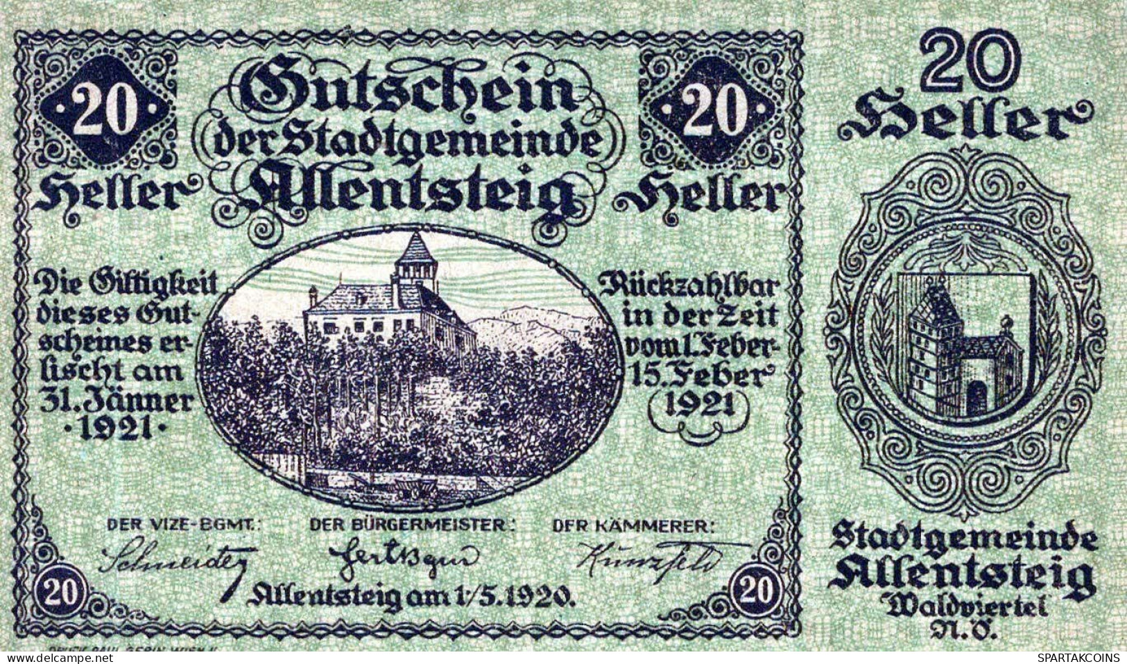 20 HELLER 1921 Stadt ALLENTSTEIG Niedrigeren Österreich Notgeld #PE136 - [11] Emisiones Locales