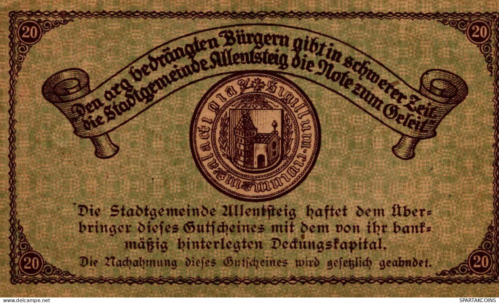 20 HELLER 1921 Stadt ALLENTSTEIG Niedrigeren Österreich Notgeld #PE135 - [11] Emisiones Locales