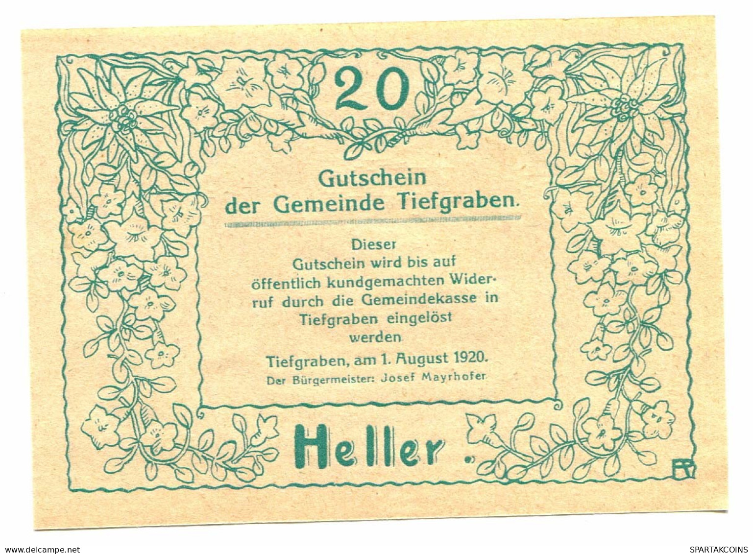 20 Heller 1920 TIEFGBABEN Österreich UNC Notgeld Papiergeld Banknote #P10518 - [11] Emisiones Locales