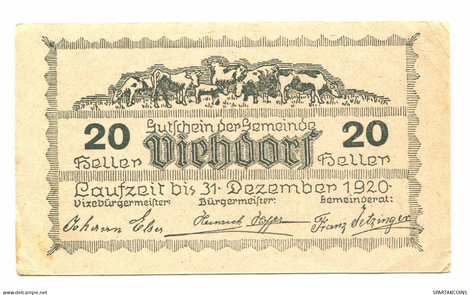 20 Heller 1920 VIEHDORF Österreich UNC Notgeld Papiergeld Banknote #P10710 - [11] Emisiones Locales