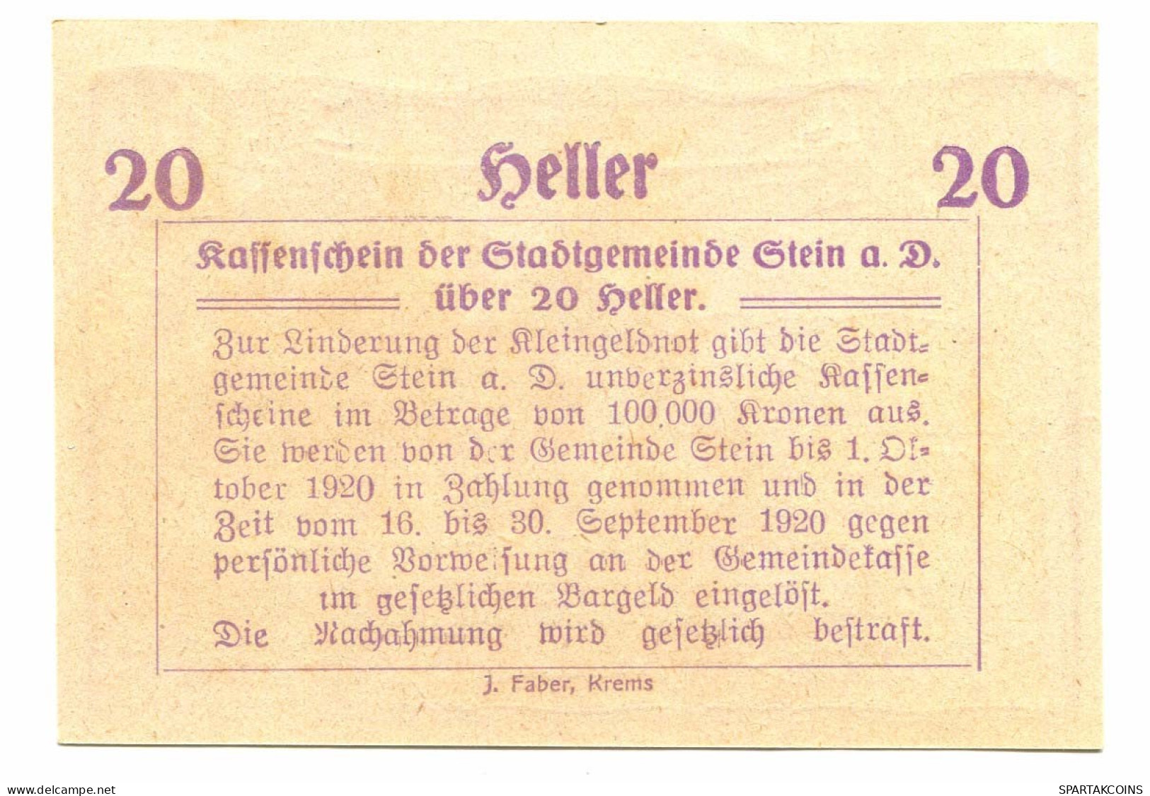 20 Heller 1920 STEIN Österreich UNC Notgeld Papiergeld Banknote #P10323 - [11] Emisiones Locales