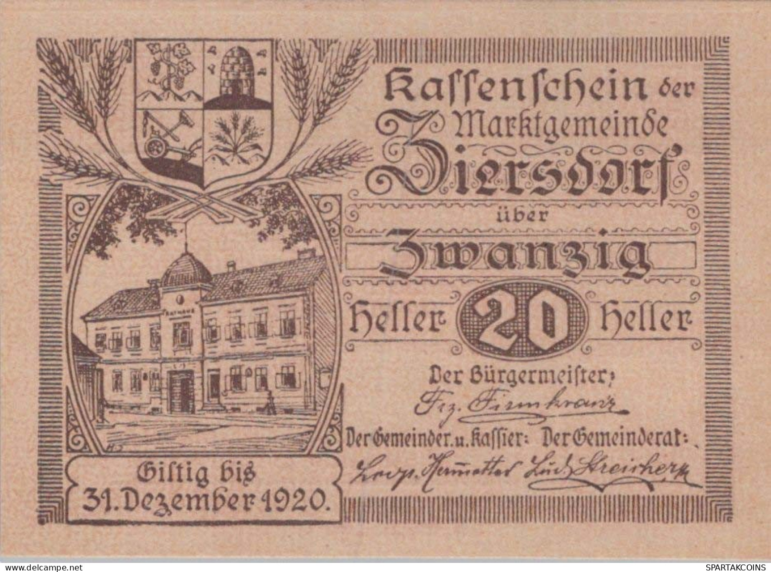 20 HELLER 1920 Stadt ZIERSDORF Niedrigeren Österreich UNC Österreich Notgeld #PH464 - [11] Emisiones Locales