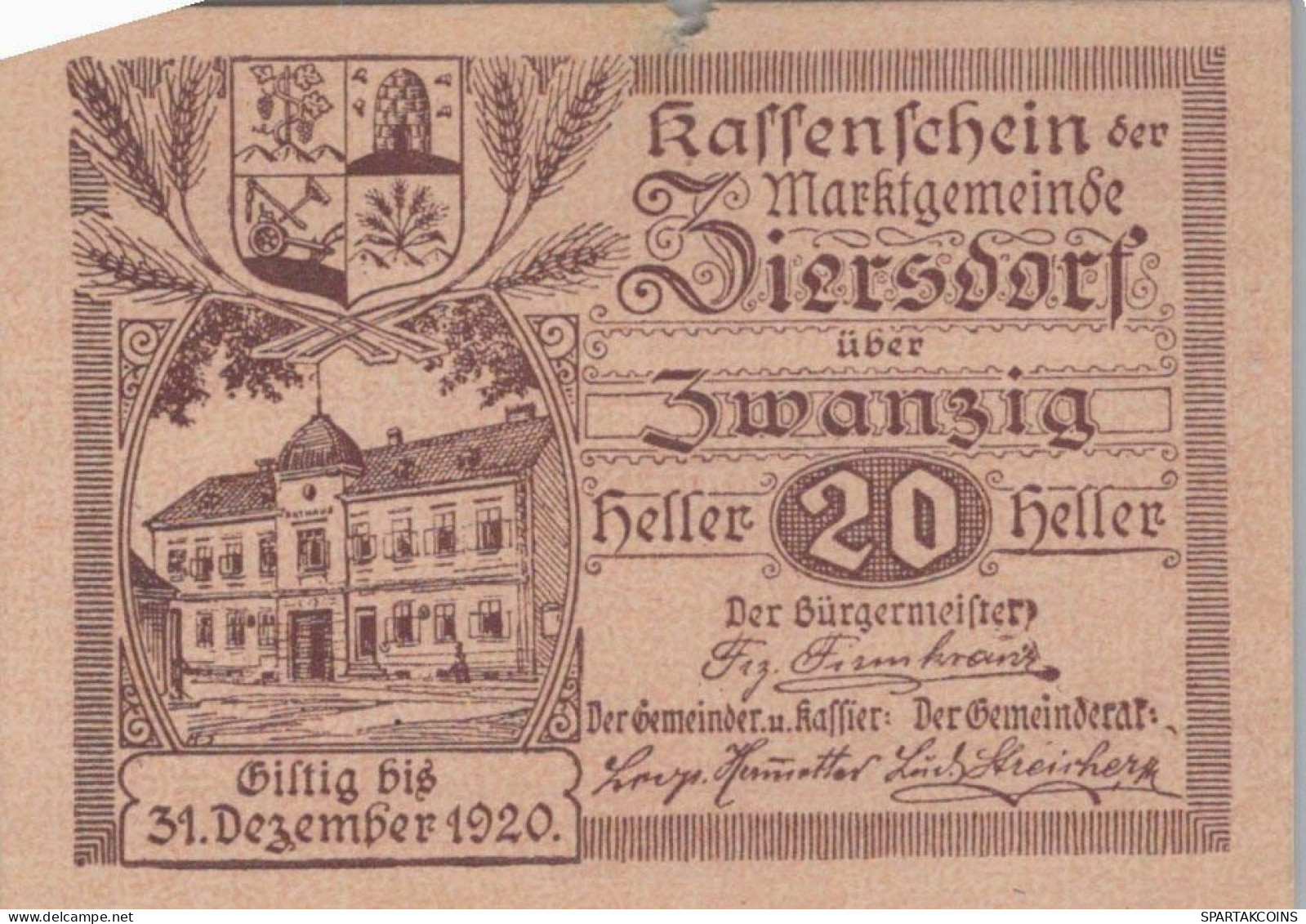 20 HELLER 1920 Stadt ZIERSDORF Niedrigeren Österreich Notgeld Banknote #PI373 - [11] Emisiones Locales