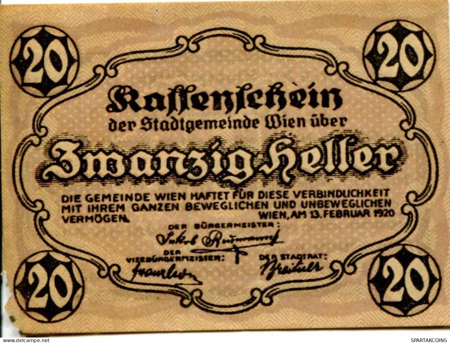 20 HELLER 1920 Stadt Wien Österreich Notgeld Papiergeld Banknote #PL563 - [11] Lokale Uitgaven