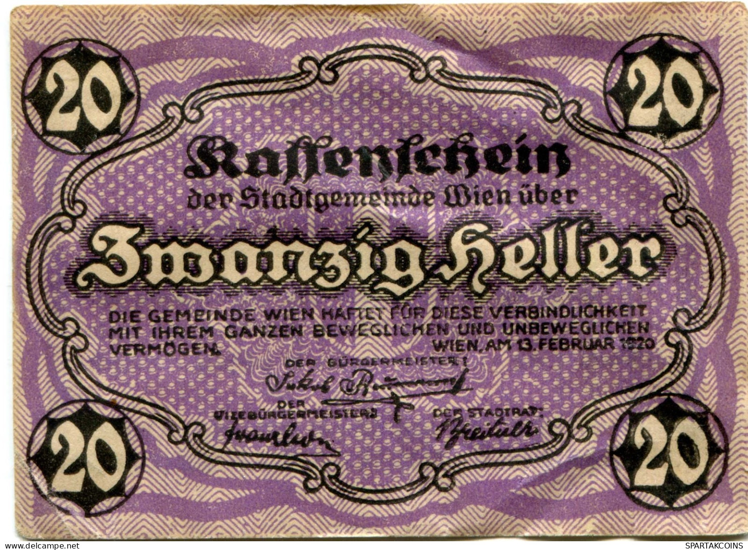 20 HELLER 1920 Stadt Wien Österreich Notgeld Papiergeld Banknote #PL552 - [11] Emissions Locales