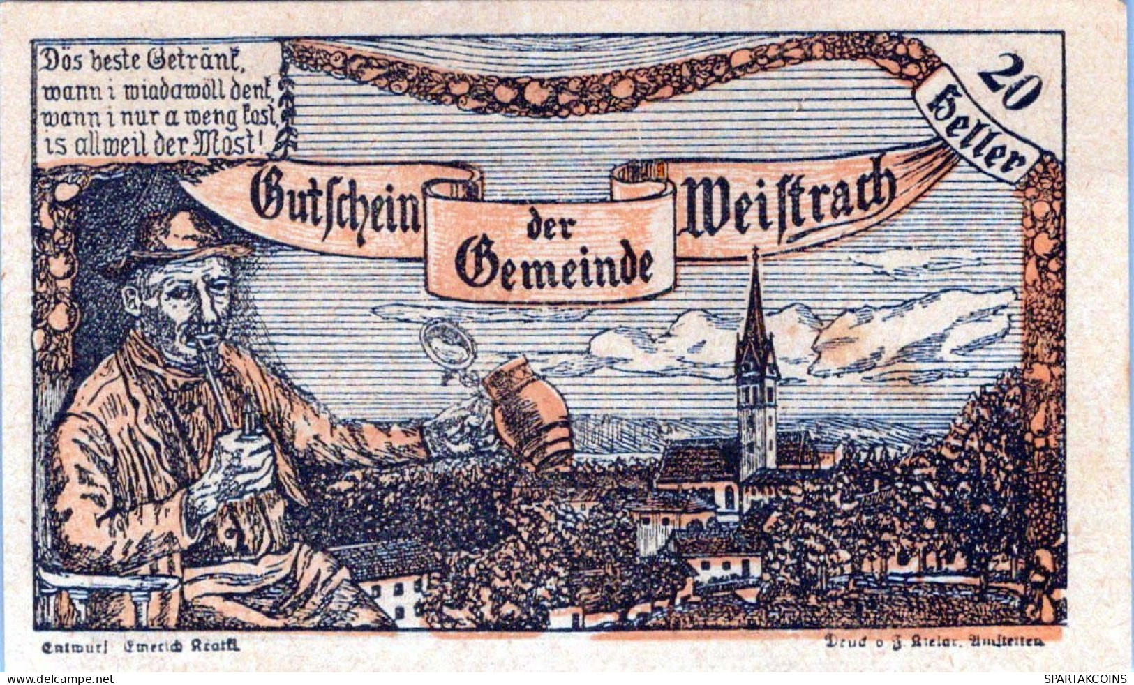 20 HELLER 1920 Stadt WEISTRACH Niedrigeren Österreich Notgeld Banknote #PE068 - [11] Lokale Uitgaven