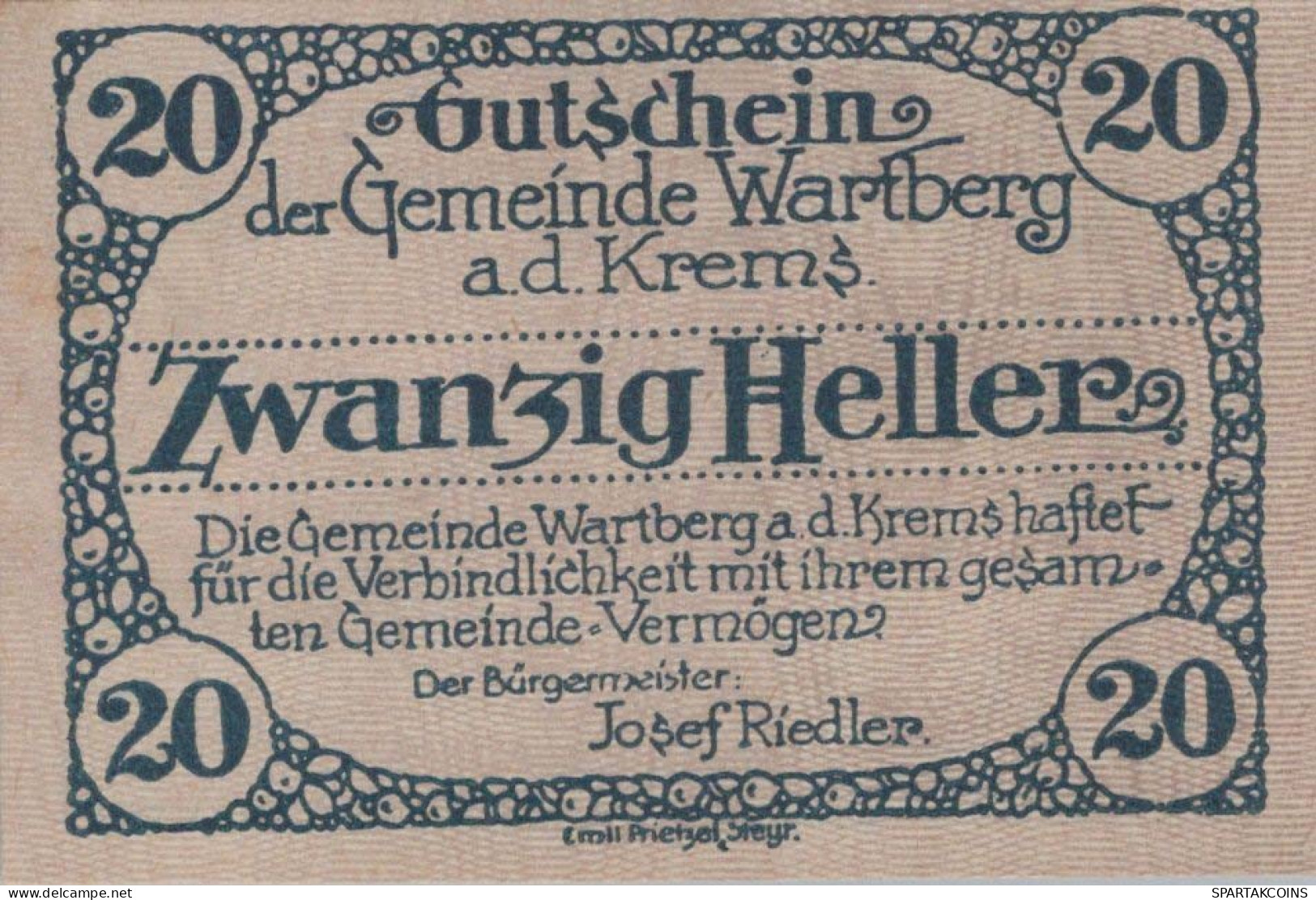 20 HELLER 1920 Stadt WARTBERG AN DER KREMS Oberösterreich Österreich Notgeld Papiergeld Banknote #PG737 - [11] Lokale Uitgaven