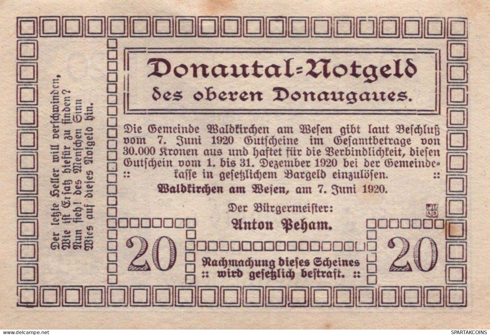 20 HELLER 1920 Stadt WALDKIRCHEN AM WESEN Oberösterreich Österreich #PG022 - Lokale Ausgaben