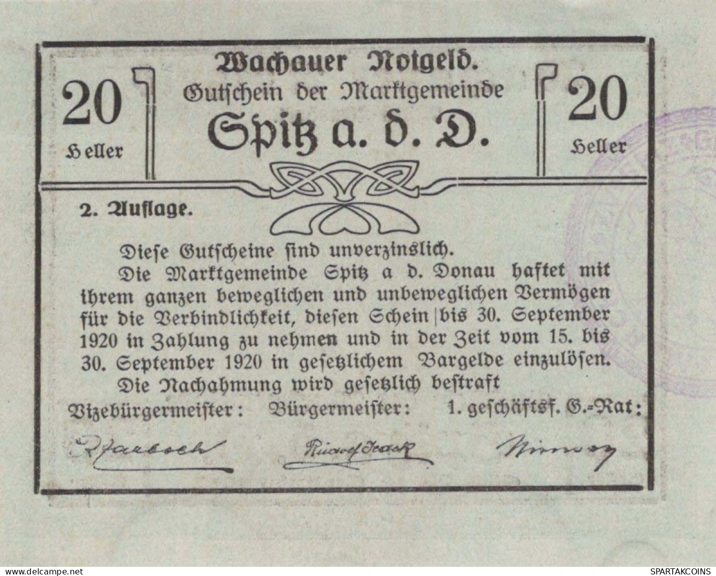 20 HELLER 1920 Stadt WACHAU Niedrigeren Österreich Notgeld Banknote #PF284 - [11] Emissions Locales