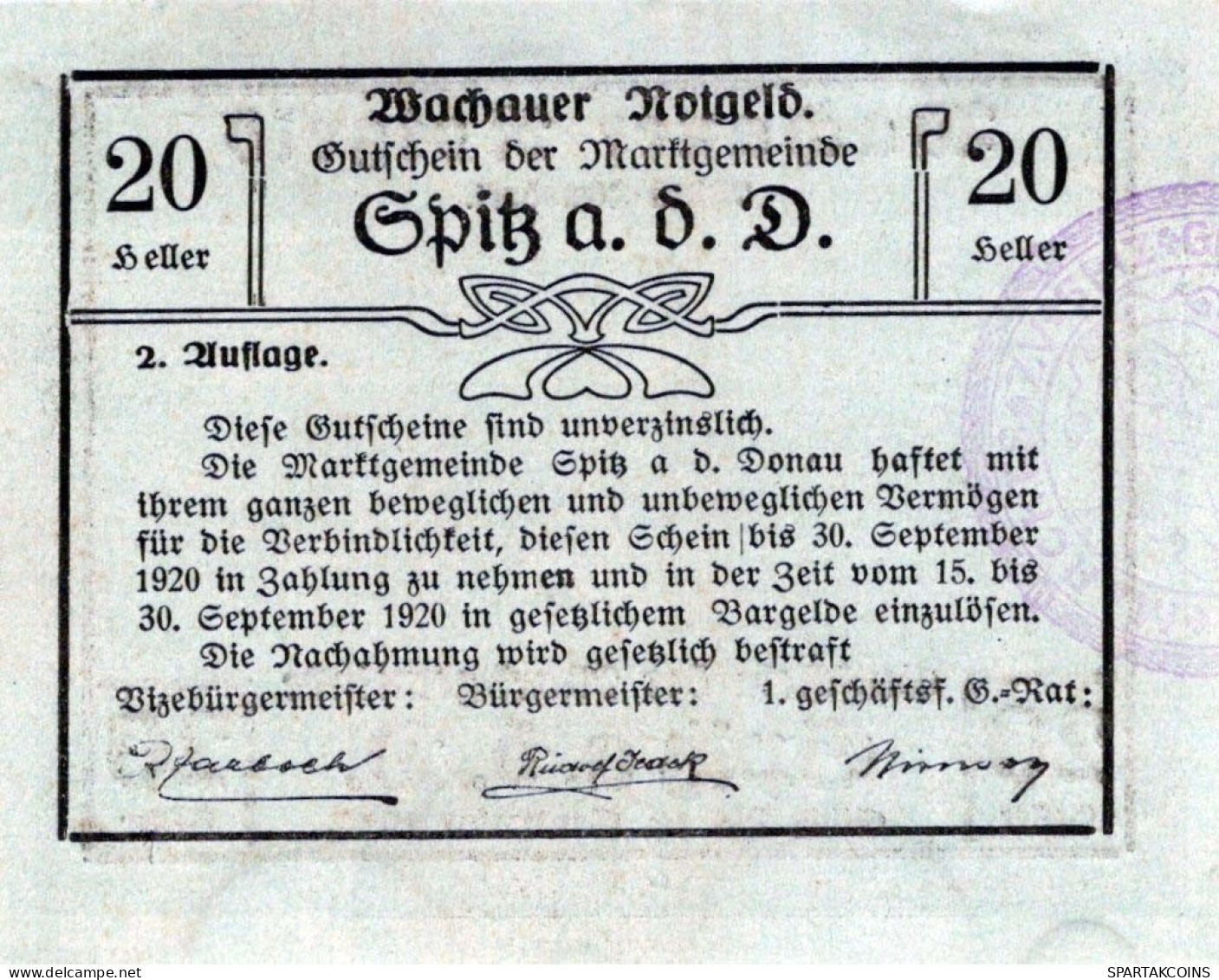 20 HELLER 1920 Stadt WACHAU Niedrigeren Österreich Notgeld Banknote #PF284 - [11] Emissions Locales