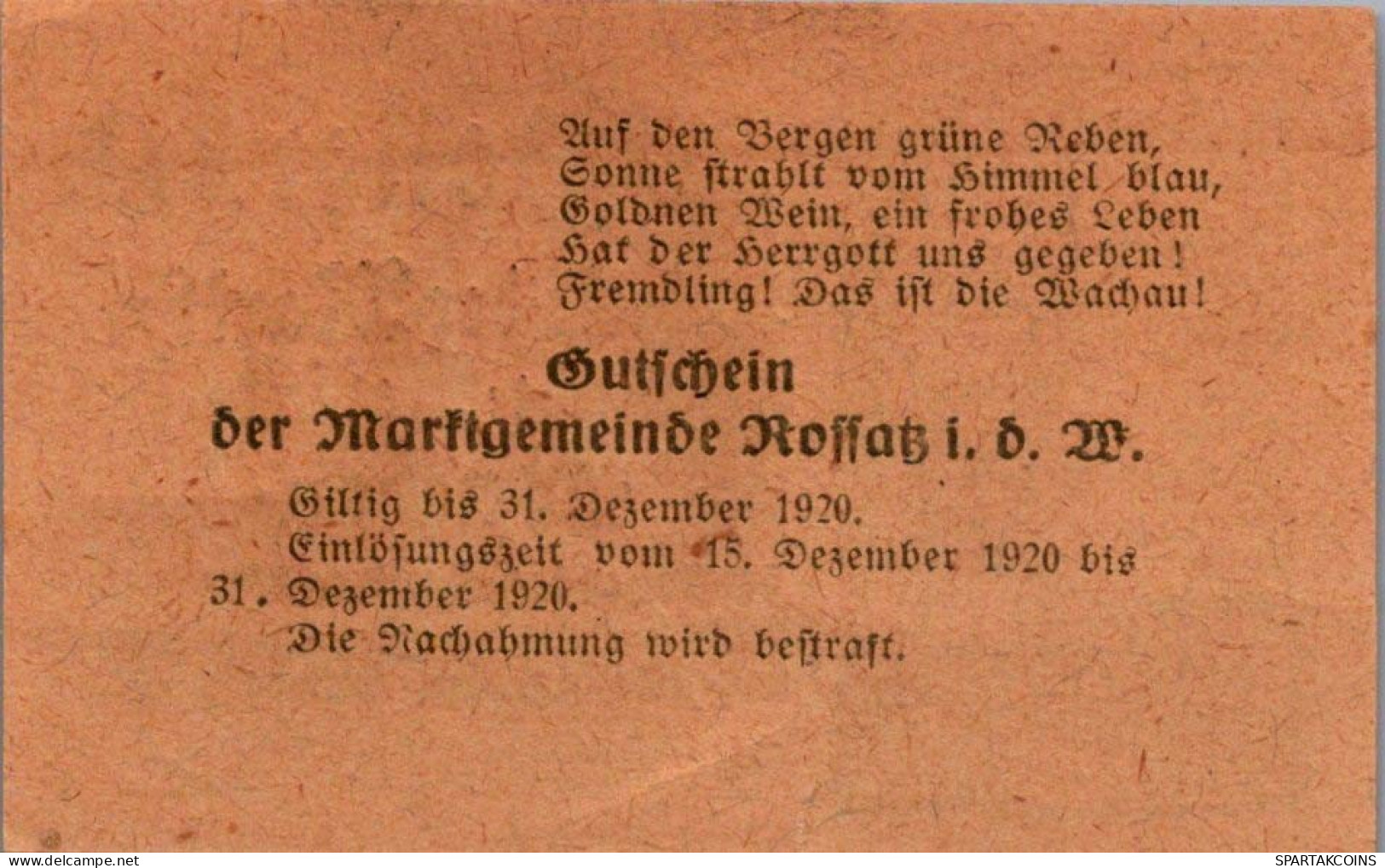 20 HELLER 1920 Stadt WACHAU Niedrigeren Österreich Notgeld Banknote #PD974 - [11] Lokale Uitgaven