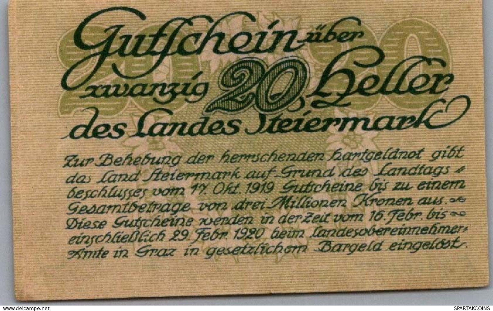 20 HELLER 1920 Stadt STYRIA Styria UNC Österreich Notgeld Banknote #PH086 - [11] Lokale Uitgaven