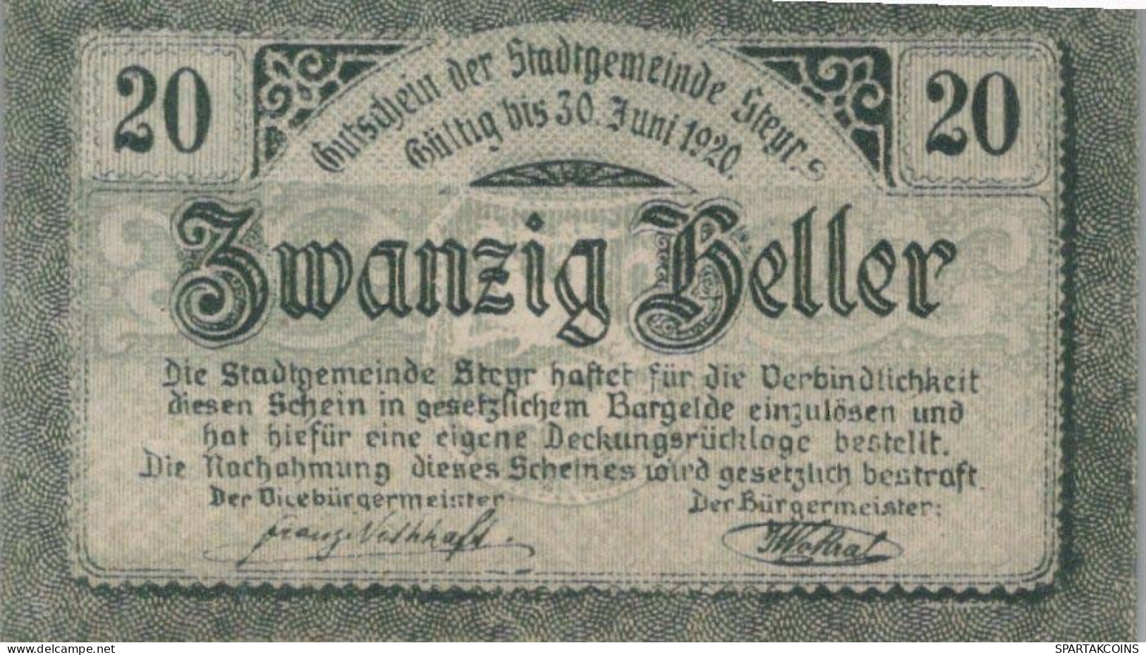 20 HELLER 1920 Stadt STEYR Oberösterreich Österreich Notgeld Banknote #PE708 - Lokale Ausgaben