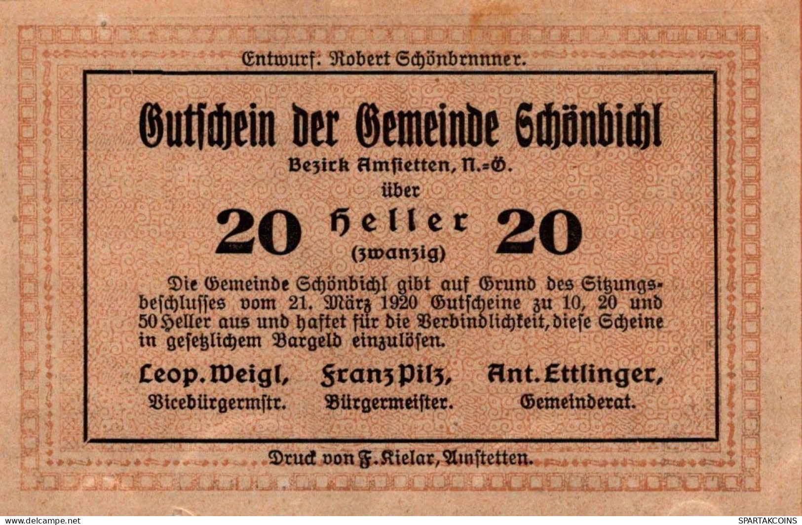 20 HELLER 1920 Stadt SCHoNBICHEL Niedrigeren Österreich Notgeld #PE798 - Lokale Ausgaben