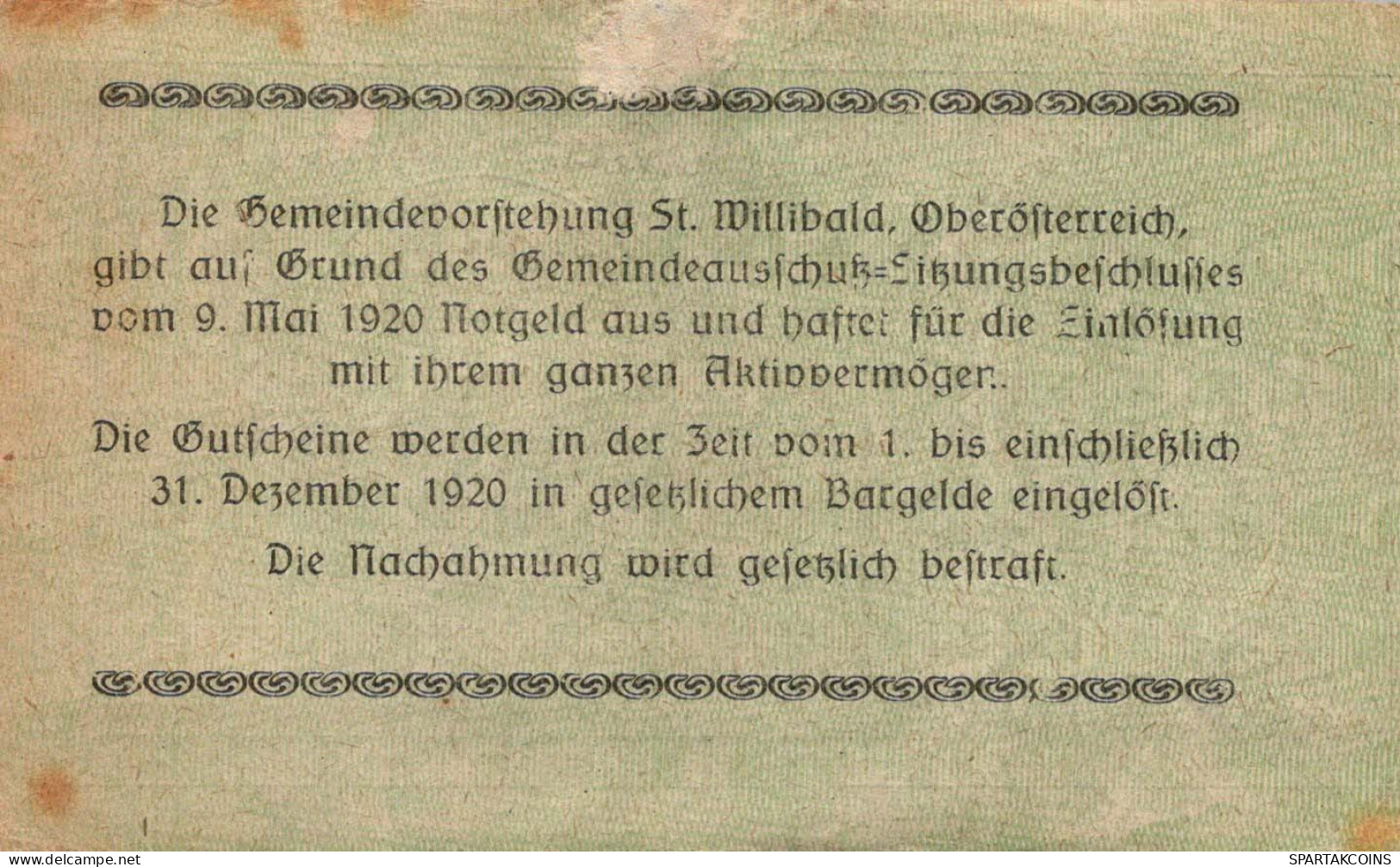 20 HELLER 1920 Stadt SANKT WILLIBALD Oberösterreich Österreich Notgeld #PI261 - Lokale Ausgaben