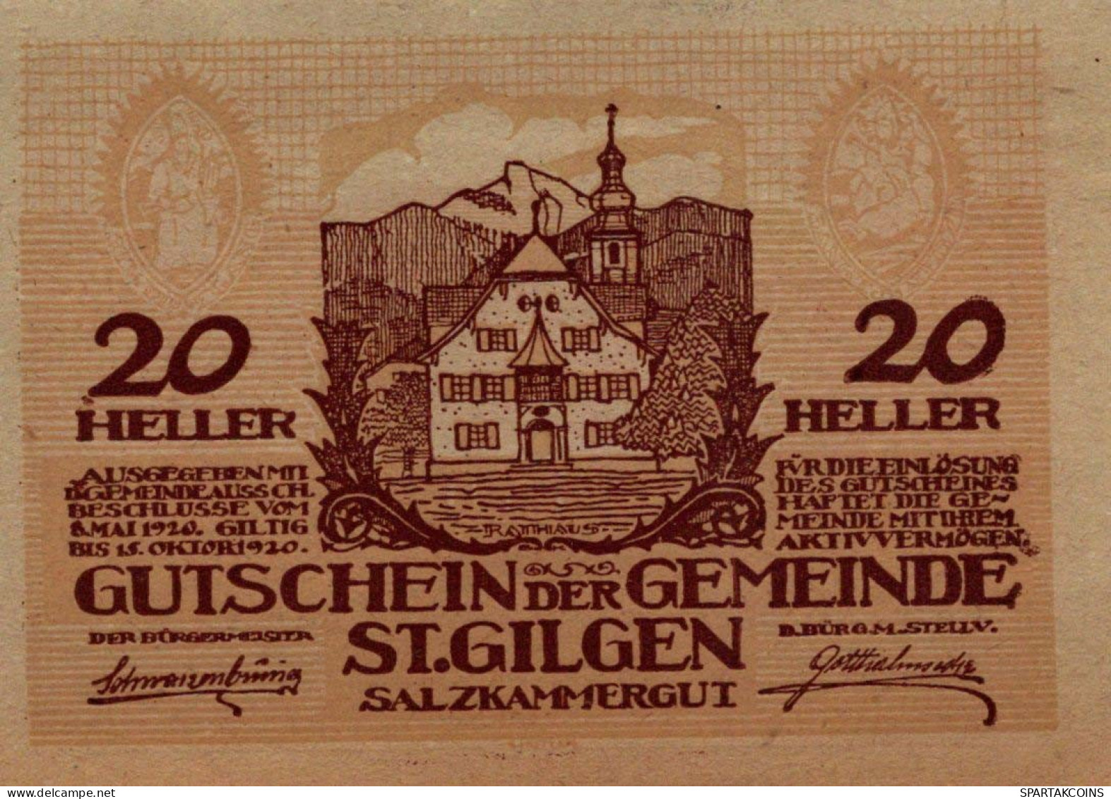 20 HELLER 1920 Stadt SANKT GILGEN Salzburg Österreich Notgeld Banknote #PE611 - [11] Emisiones Locales