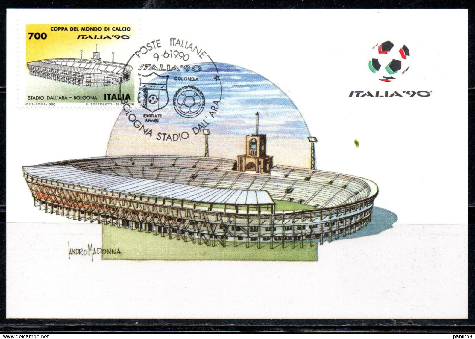 ITALIA 90 REPUBBLICA ITALY REPUBLIC 1990 COPPA DEL MONDO DI CALCIO STADIO DELL'ARA BO L. 700 MAXI MAXIMUM CARD CARTOLINA - Cartes-Maximum (CM)