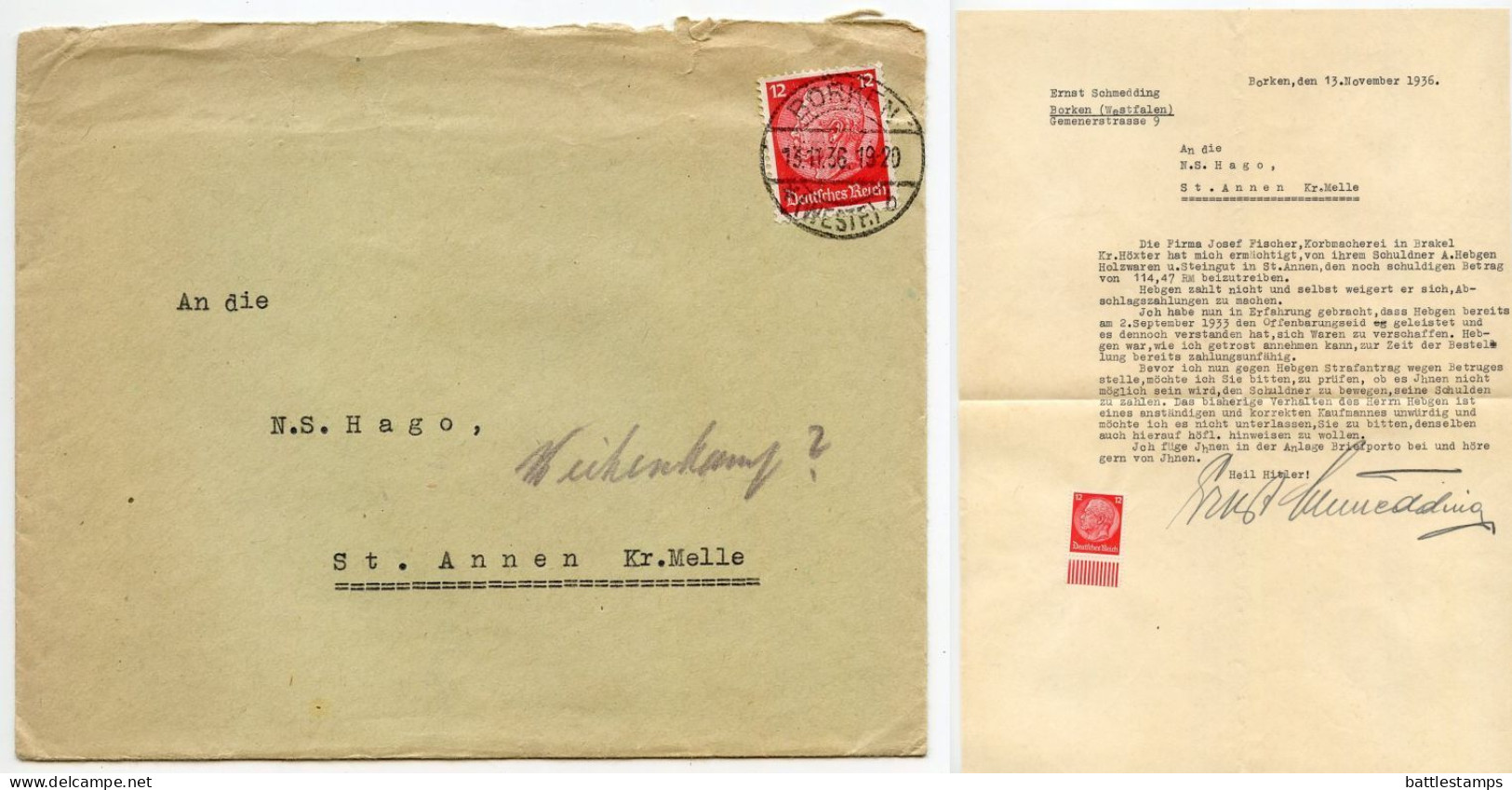 Germany 1936 Cover & Letter; Borken (Westf.) - Ernst Schmedding To Schiplage; 12pf. Hindenburg - Covers & Documents