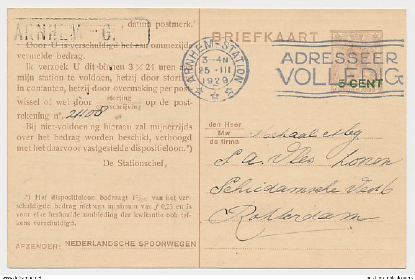 Spoorwegbriefkaart G. NS218 F - Arnhem - Rotterdam 1929 - Postal Stationery