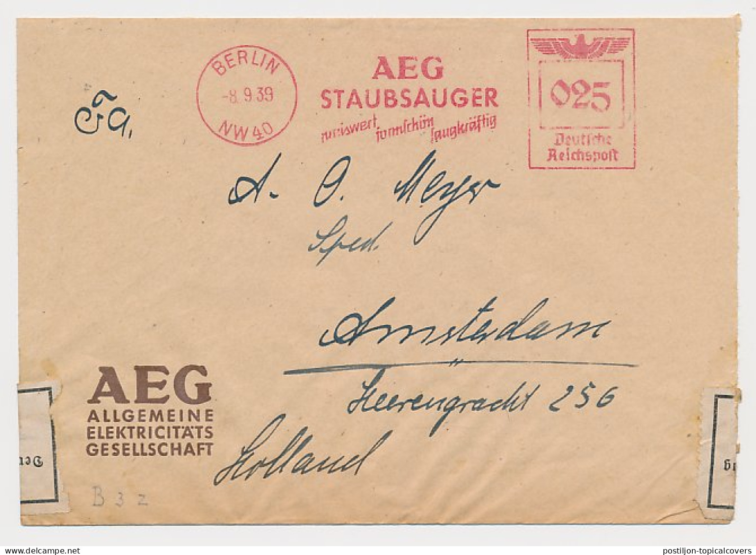 Censored Meter Cover Deutsche Reichspost / Germany 1939 Vacuum Cleaner - AEG - Ohne Zuordnung