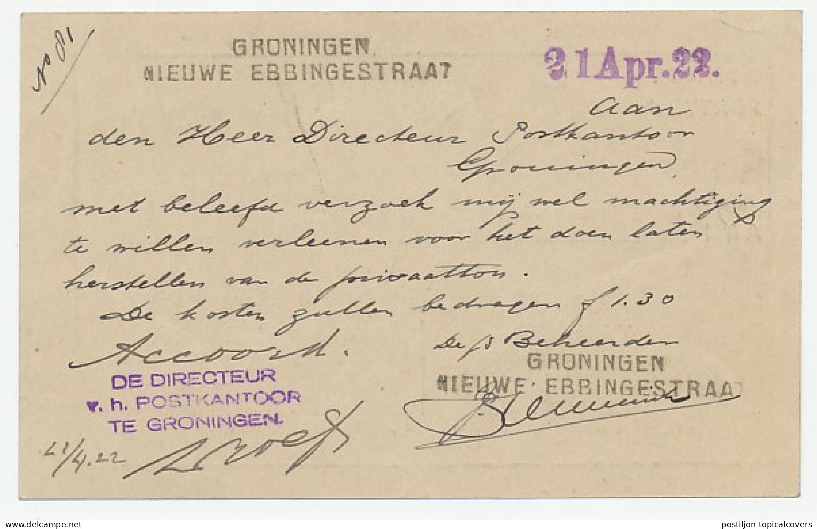 Dienst PTT Locaal Te Groningen 1922 - Betr. Privaatton - Zonder Classificatie