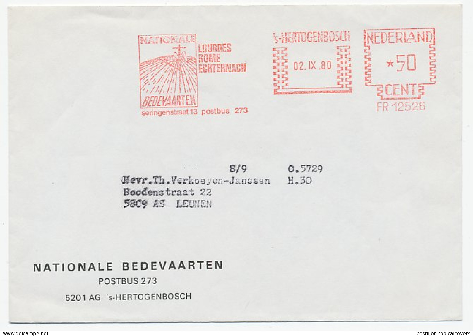 Meter Card Netherlands 1980 National Pilgrimage - Lourdes - Rome - Echternach - Sonstige & Ohne Zuordnung