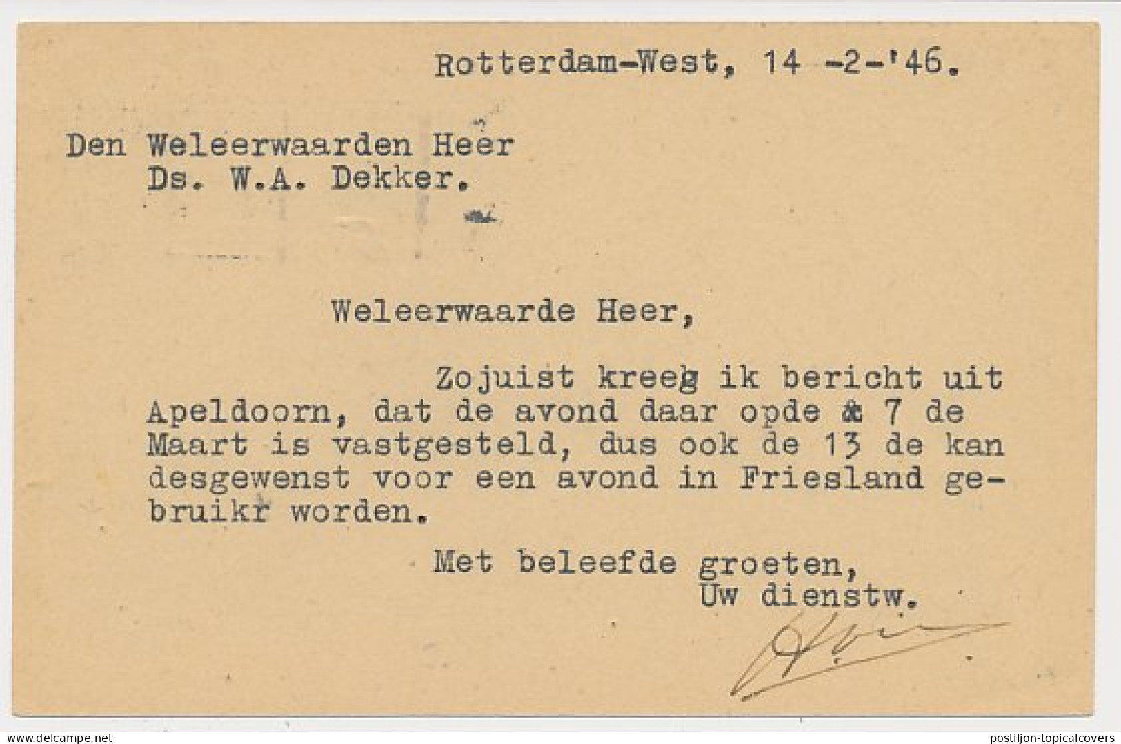 Briefkaart G. 277 B Rotterdam - Scharnegoutum 1946 - Postal Stationery