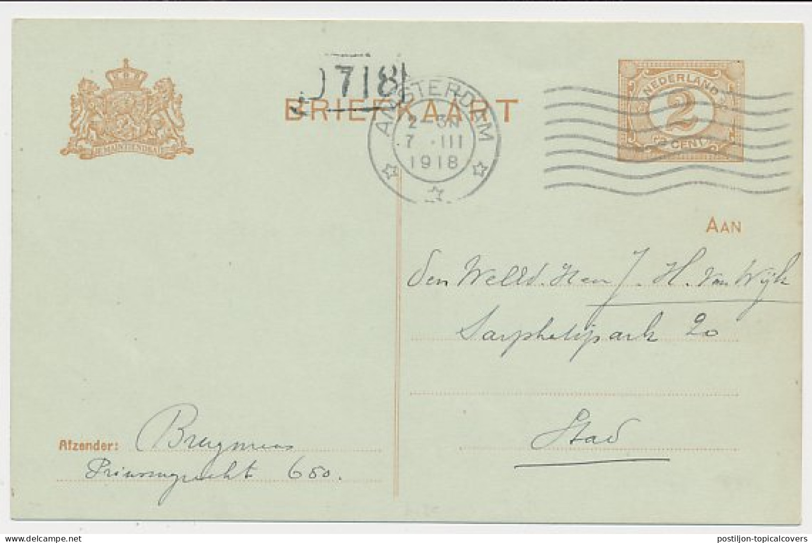 Briefkaart G. 98 Locaal Te Amsterdam 1918 - Postal Stationery