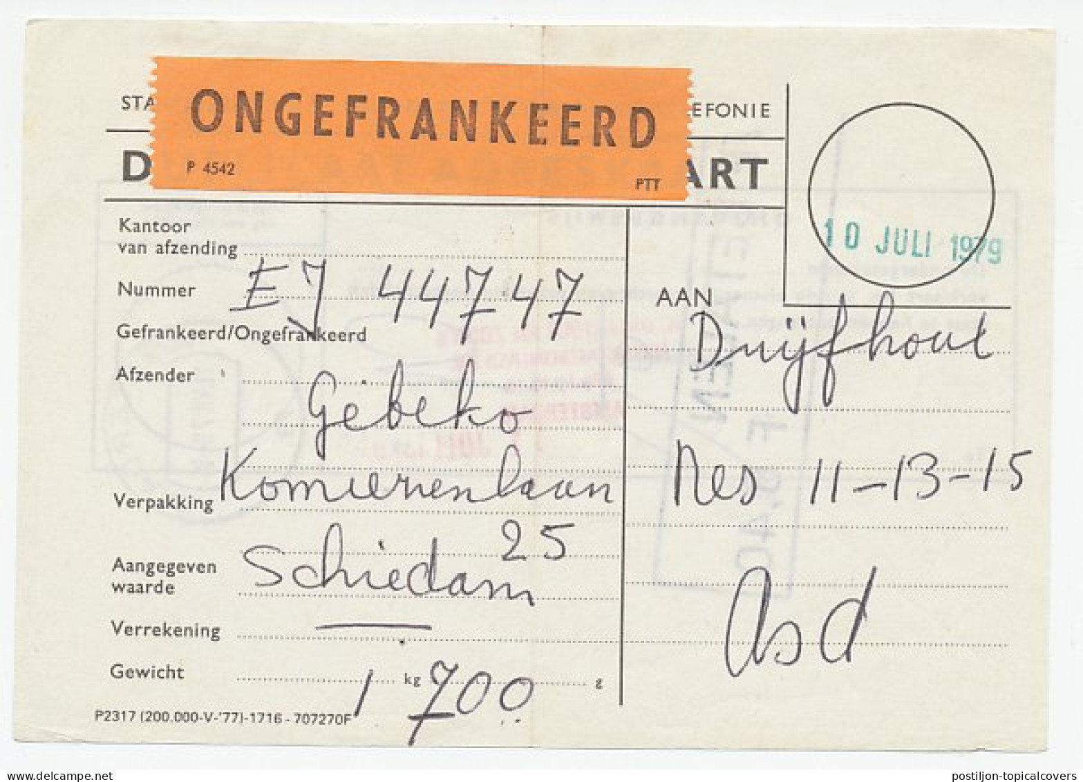Schiedam - Amsterdam 1979 - Duplicaat Adreskaart Ongefrankeerd - Zonder Classificatie