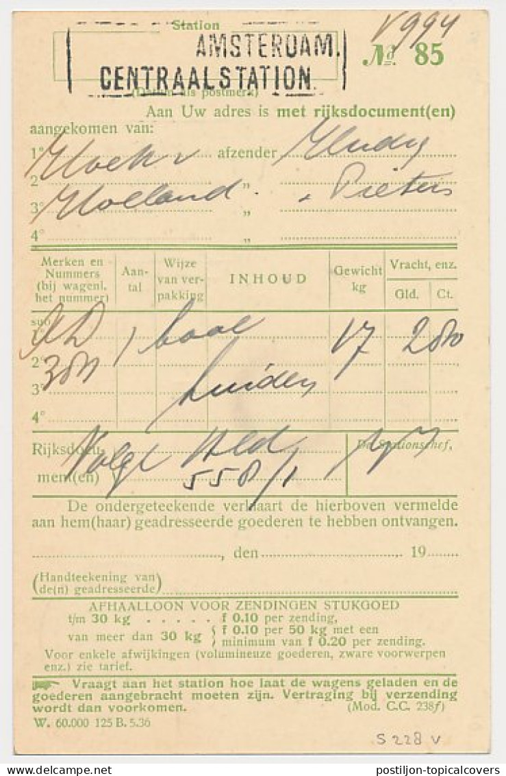 Spoorwegbriefkaart G. NS228 V - Locaal Te Amsterdam 1937 - Entiers Postaux