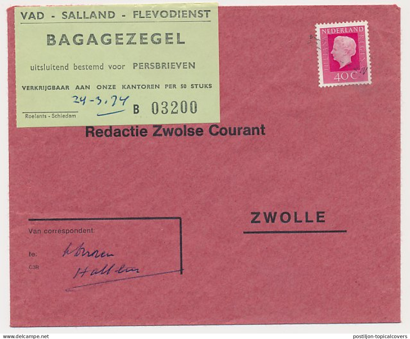 Hattem - Zwolle 1974 - VAD Bagagezegel Voor Persbrieven - Non Classés