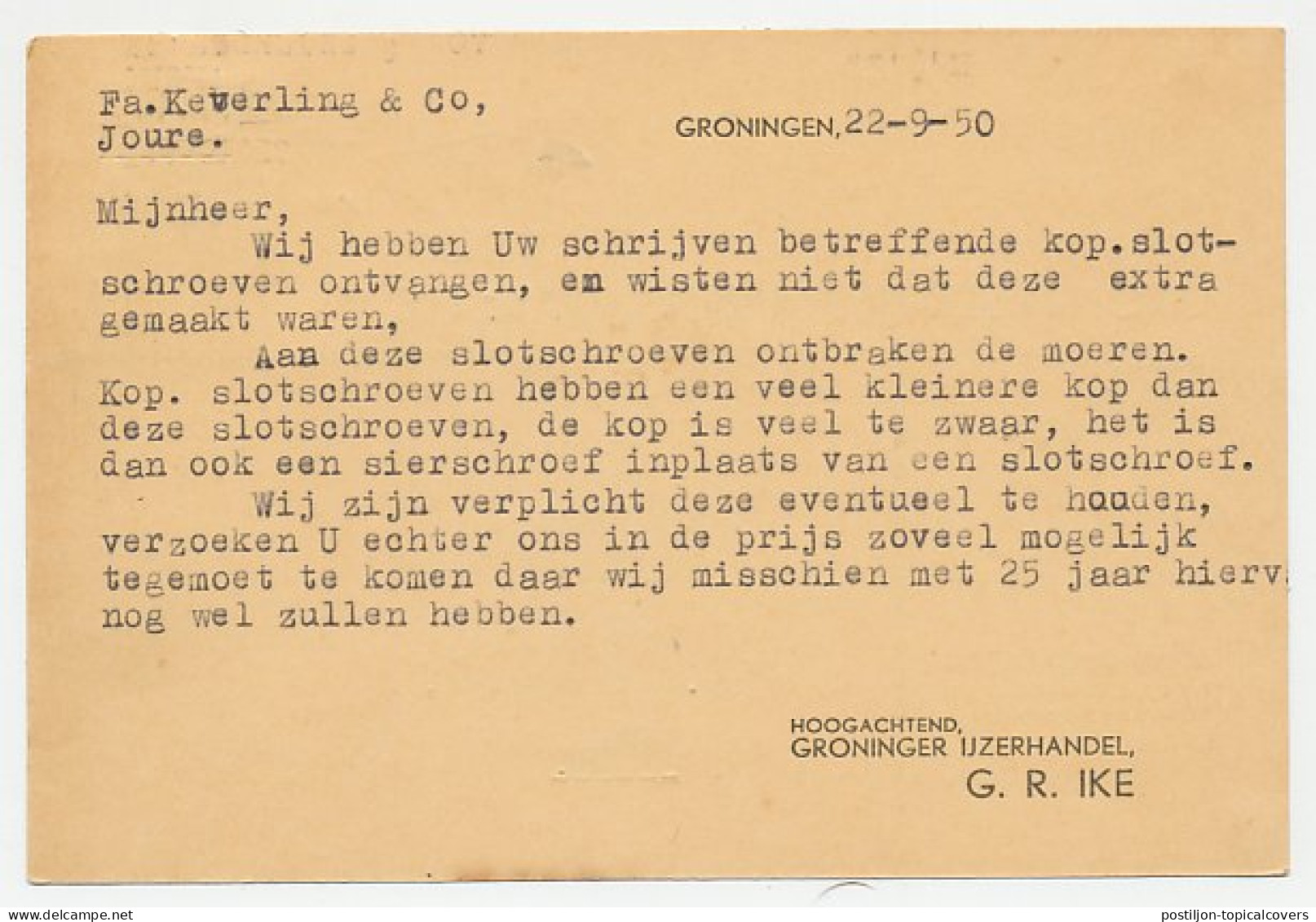 Firma Briefkaart Groningen 1950 - IJzerhandel  - Ohne Zuordnung