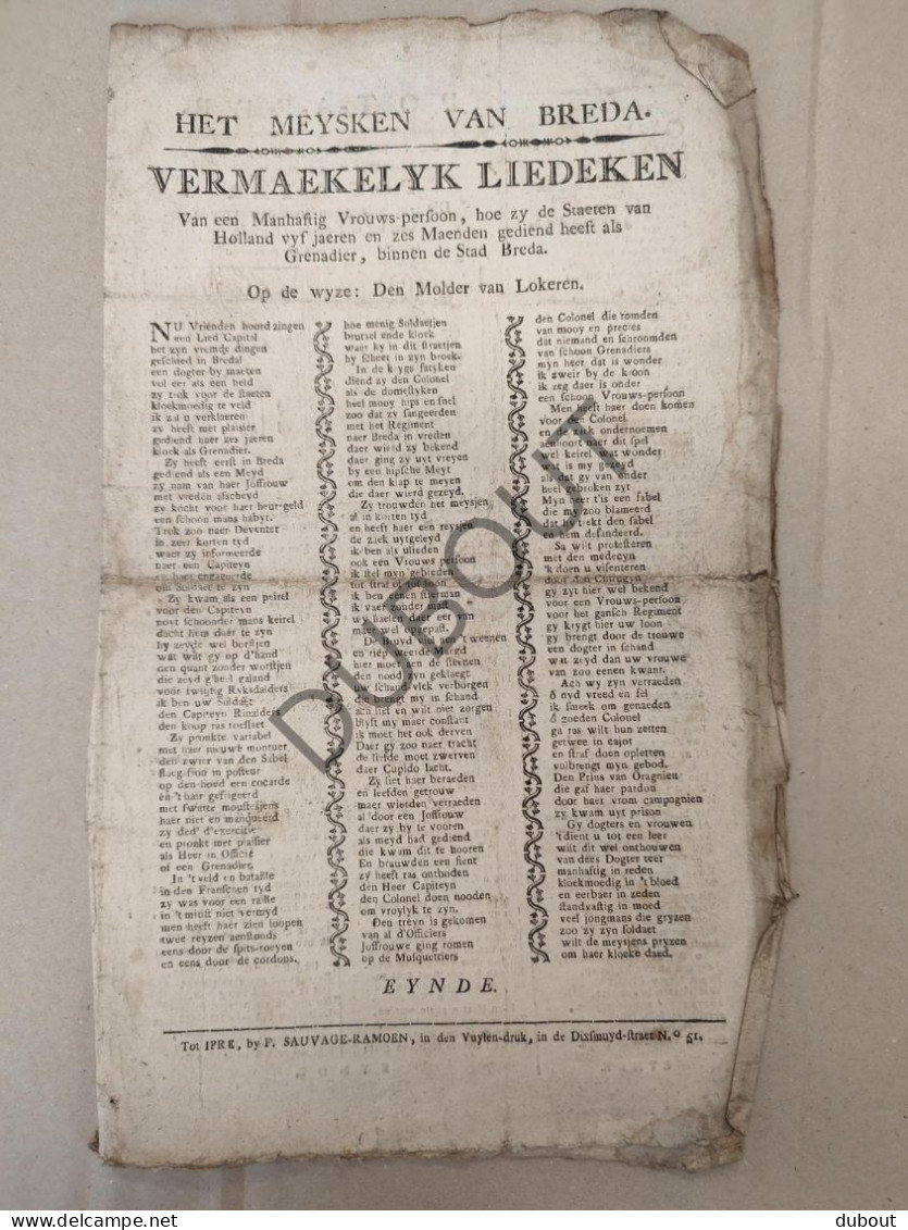 Ieper/Breda/Lokeren - Marktlied - Druk Ieper Sauvage-Ramoen ±1830? (V3146) - Historische Dokumente