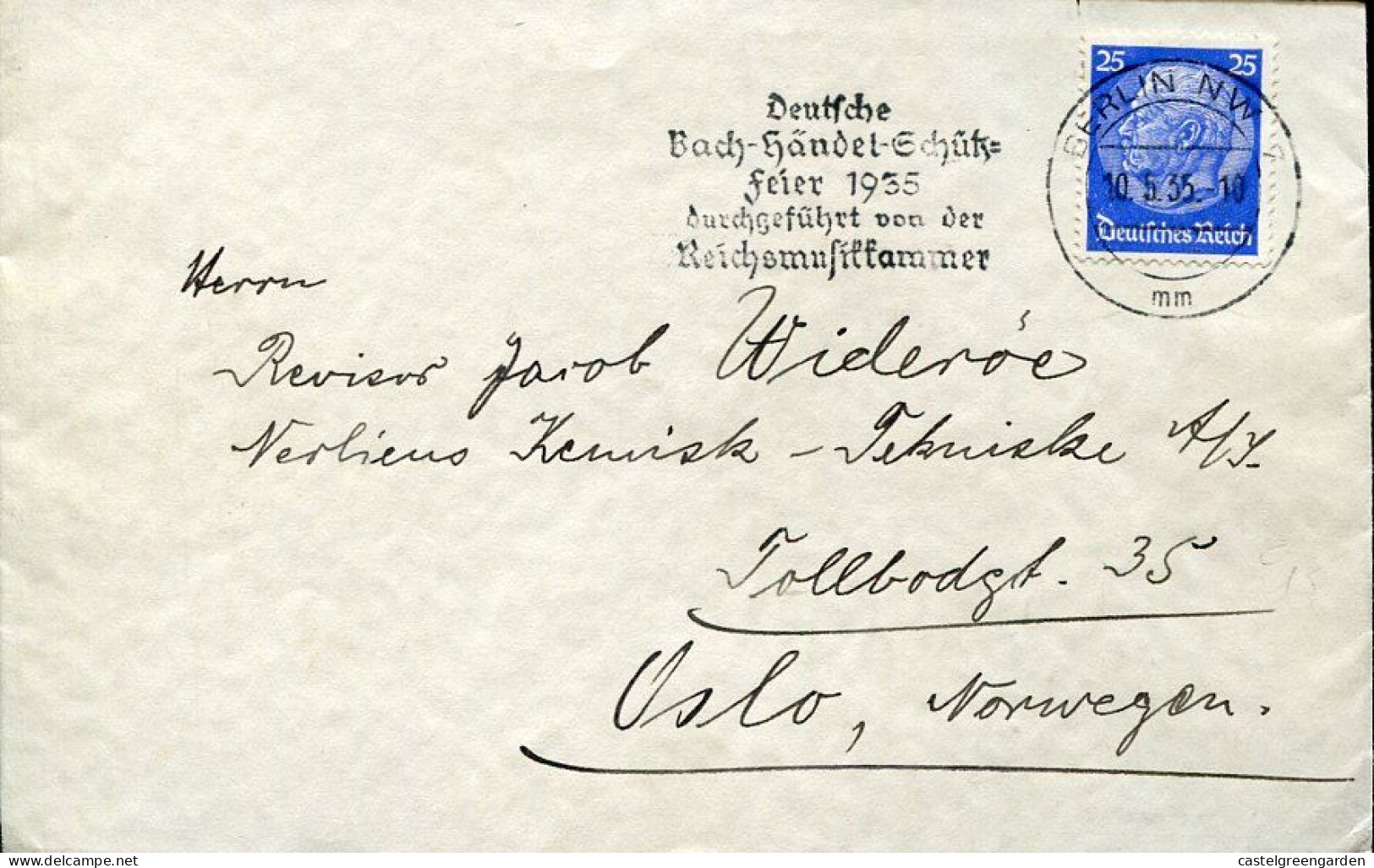 X0582 Germany Reich,circuled Cover To Oslo 1935 With Postmark Slogan J.s. Bach - Handel - Schutz Fest 1935 - Muziek