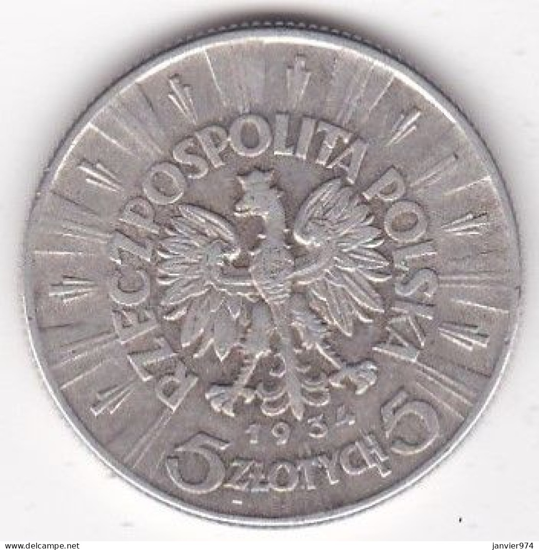 Pologne 5 Zlotych 1934, Josef Pilsudski , En Argent, Y# 28 - Polonia