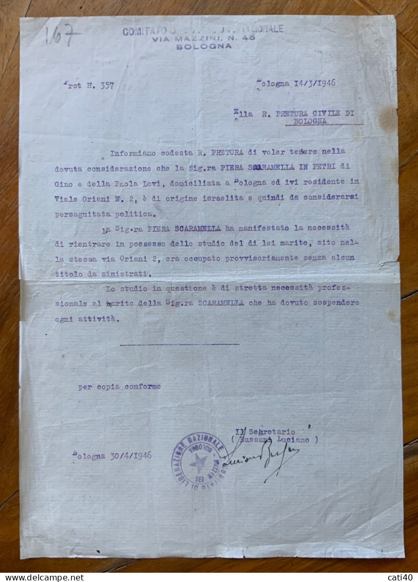 COMITATO DI LIBERAZIONE NAZIONALE - SEZIONE MAZZINI N. 45 - BOLOGNA - 30/4/1946 - TIMBRO E FIRMA SEGRETARIO - Documentos Históricos